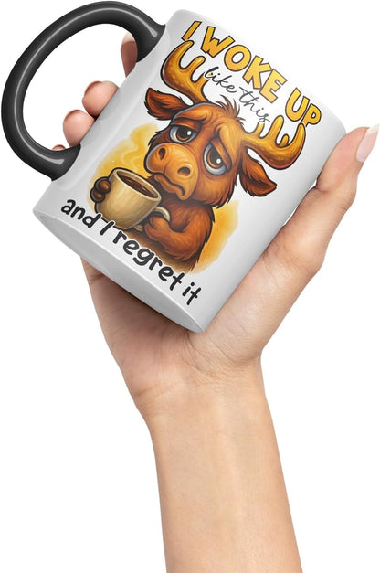 Vixar I Woke Up Like This and I Regret It Funny Moose Mug – Coloured Ceramic Mug Cup Gift, 11oz (Black)