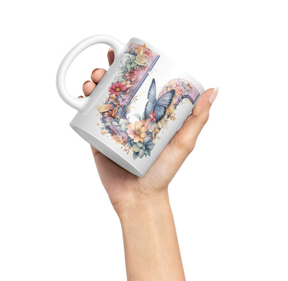 Letter U mug, Floral flowers butterfly Alphabet Letter U Monogram watercolour Ceramic Coloured Mug Cup for Tea Coffee Hot brew 330ml 11Oz Gift