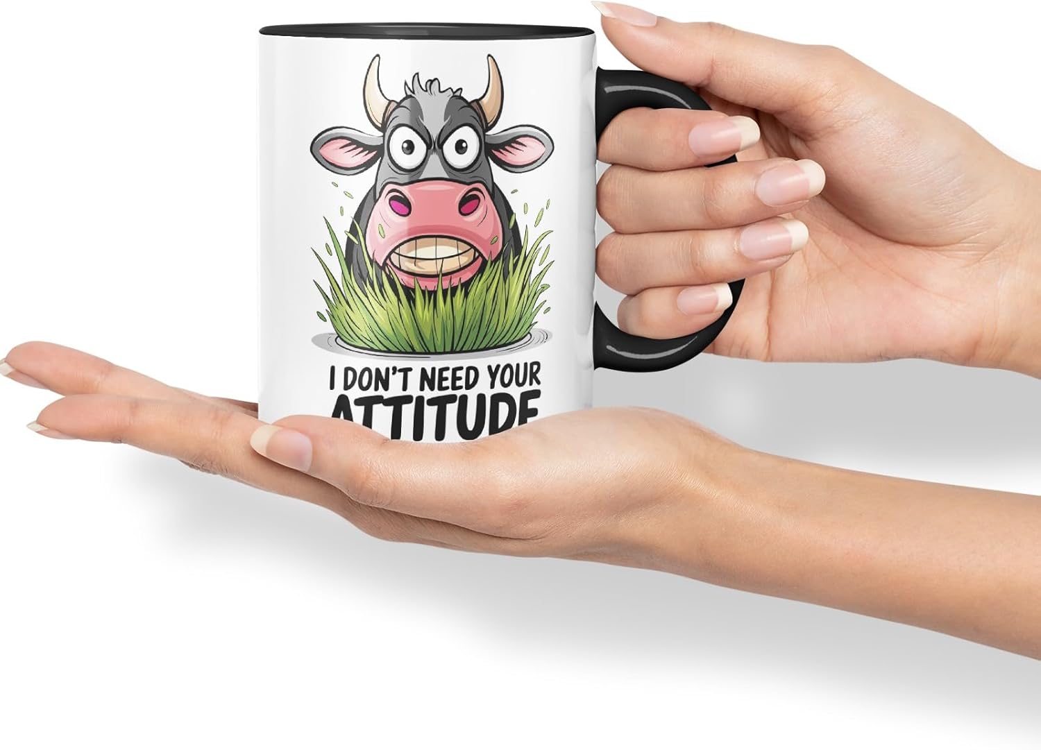 Vixar I Don’t Need Your Attitude I Brought My Own Cow Joke Coloured Ceramic Mug Cup Gift, 11oz (Black)