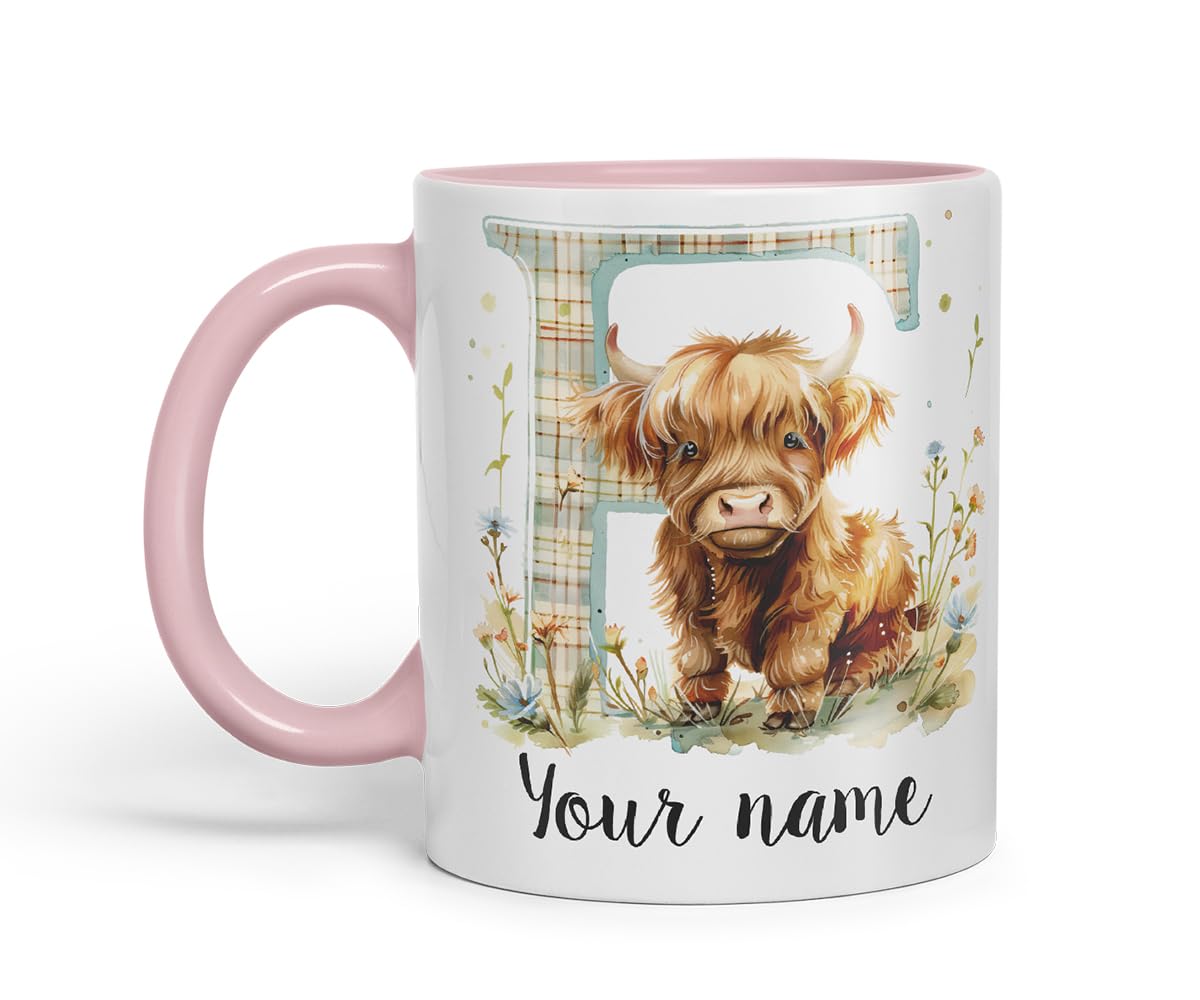 Vixar Personalised Highland Cow Initial Letter F Custom Name Mug – Coloured Ceramic Mug Cup Gift, 11oz (Black)