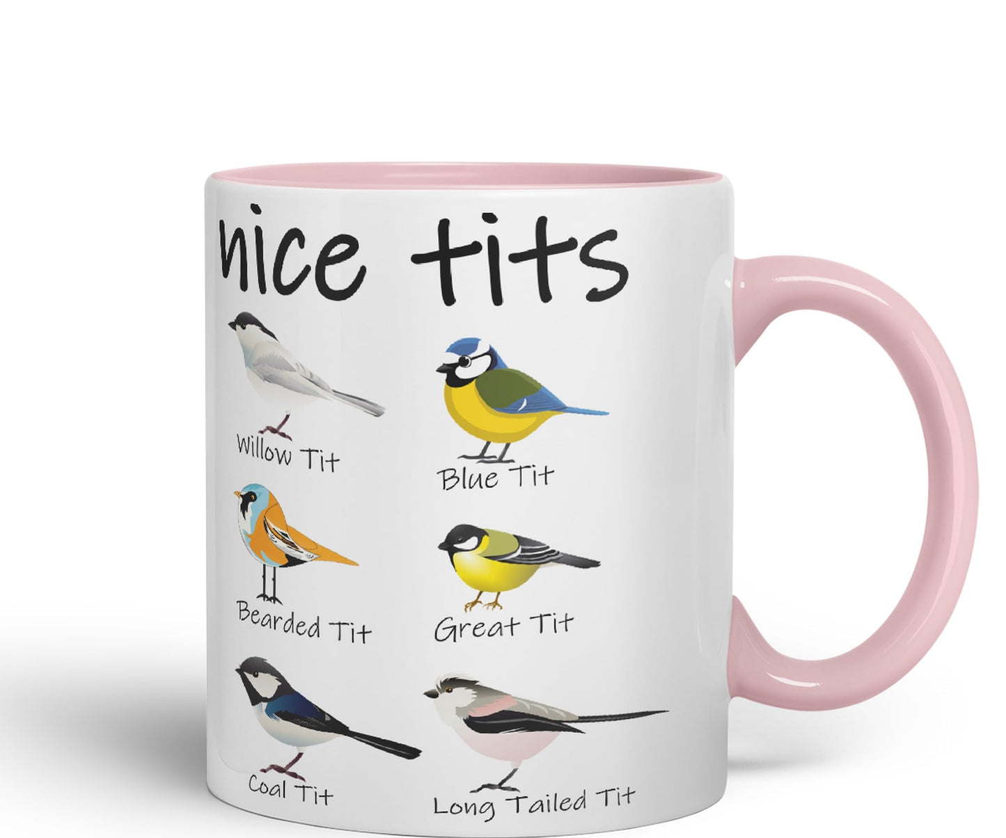 Nice Tits,Willow tit, Blue tit, Bearded tit, Great tit, Coal tit, Long Tailed tit, Sarcastic Joke Ceramic Coloured Mug Cup for Tea Coffee Hot Brew 330ml 11 OZ