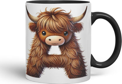 Highland Cow Alphabet Monogram Coloured Ceramic Cup Mug Letter A Rustic Farmhouse Animal Letter Gift V2 11oz (Black)