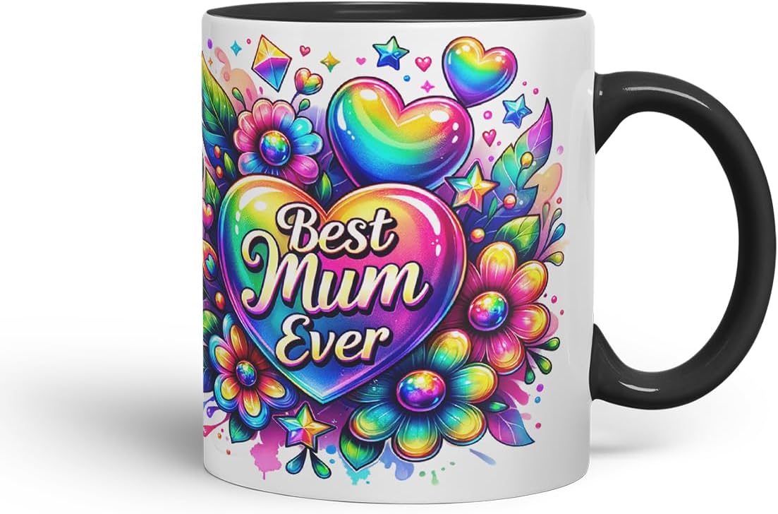 Vixar Best Mum Ever Rainbow Floral Mug – Coloured Ceramic Mug Cup Gift, 11oz (Black)