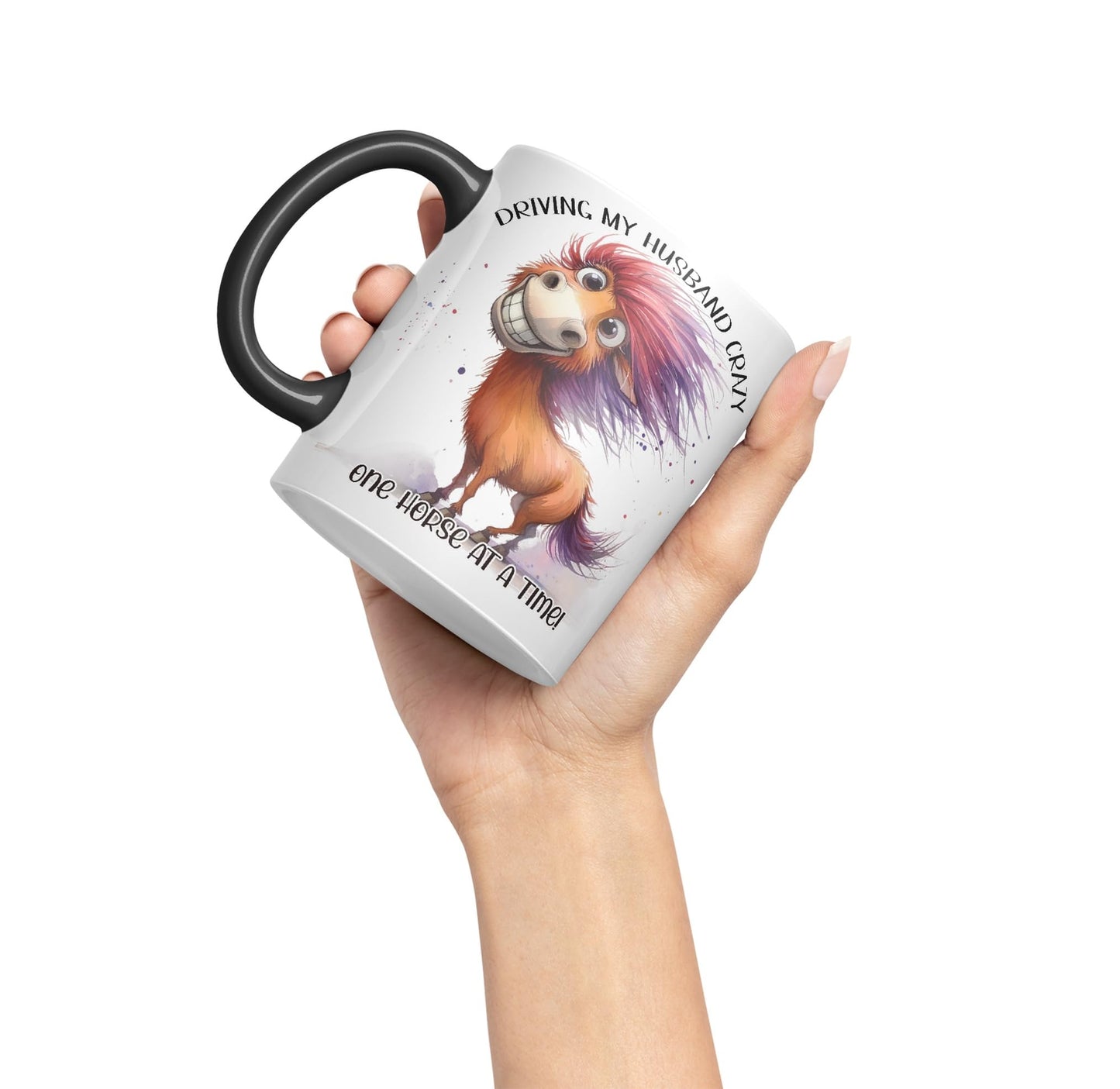 Driving My Husband Crazy, One Horse at at a Time Joke sarkasm Sarcastic Ceramic Coloured Mug Cup for Tea Coffee Hot Brew 330ml 11Oz Gift