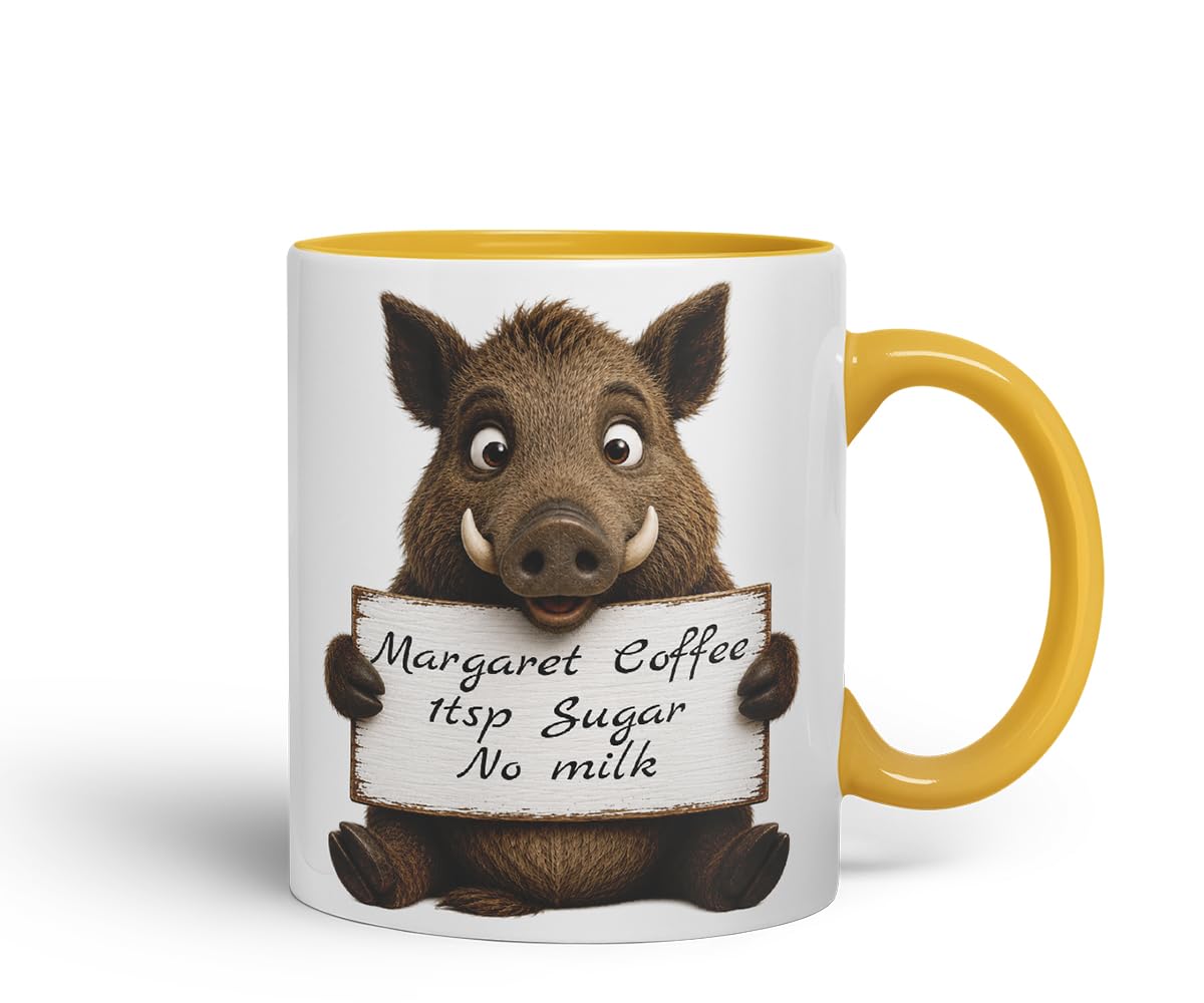 Vixar Personalised Wild Boar Mug with Name or Custom Message – Cute Animal Coloured Ceramic Mug Cup Gift, 11oz (Black)