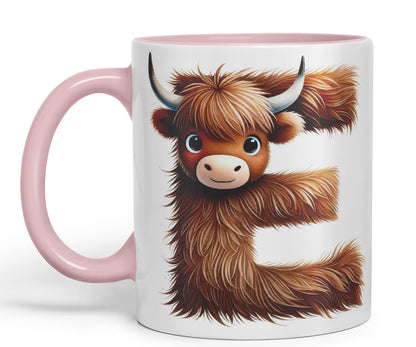 Highland Cow Alphabet Monogram Coloured Ceramic Cup Mug Letter E Rustic Farmhouse Animal Letter Gift V2 11oz (Black)