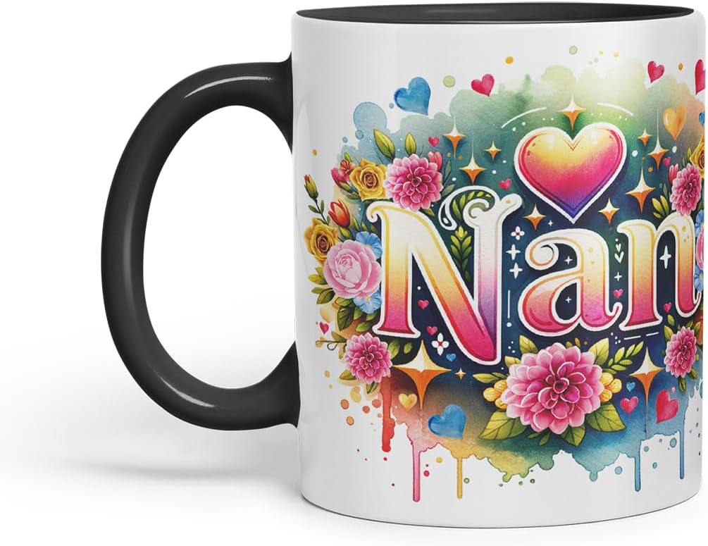 Vixar Nan Floral Watercolour Mug – Coloured Ceramic Mug Cup Gift, 11oz (Black)