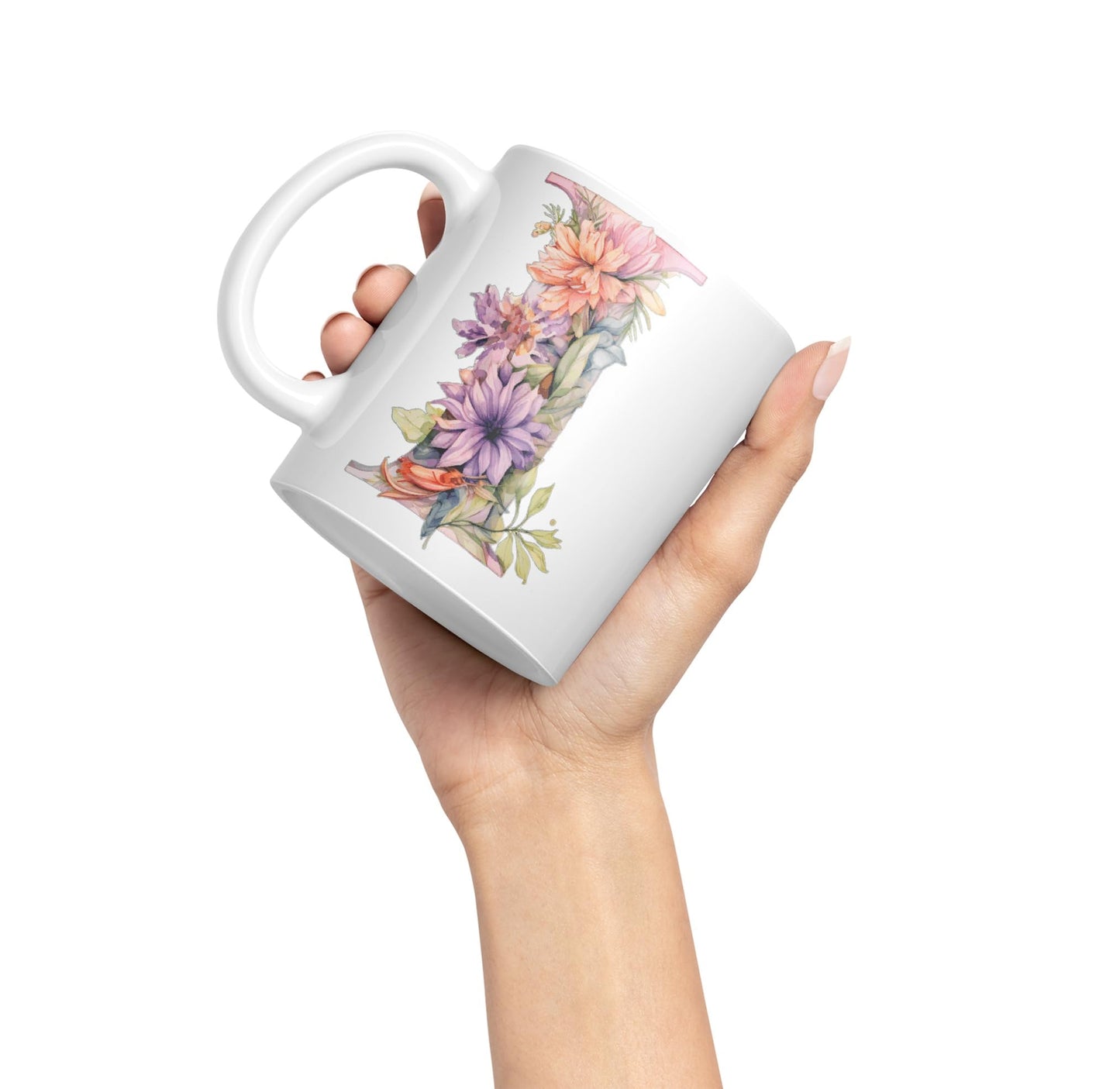 Letter I mug, Floral flowers butterfly Alphabet Letter I Monogram watercolour Ceramic Coloured Mug Cup for Tea Coffee Hot brew 330ml 11Oz Gift