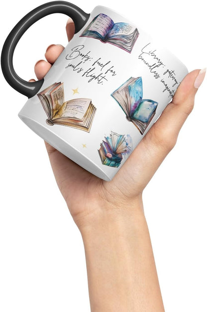 Vixar Books: Fuel for Soul’s Flight/Library: Gateway to Boundless Imagination Coloured Ceramic Mug Cup Gift, 11oz (Black)
