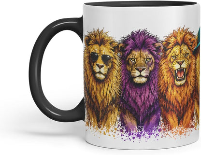 Lion Mug – Cute Lion Animal Coloured Ceramic Mug Cup Gift, 11oz (Black)