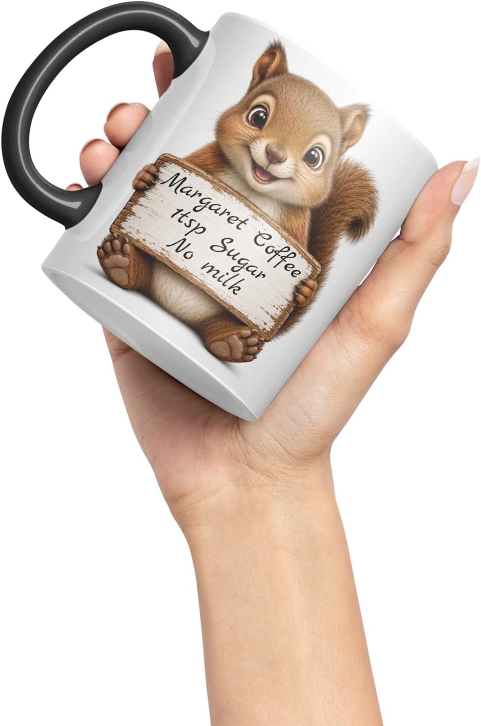 Vixar Personalised Squirrel Mug with Name or Custom Message – Cute Animal Coloured Ceramic Mug Cup Gift, 11oz (Black)