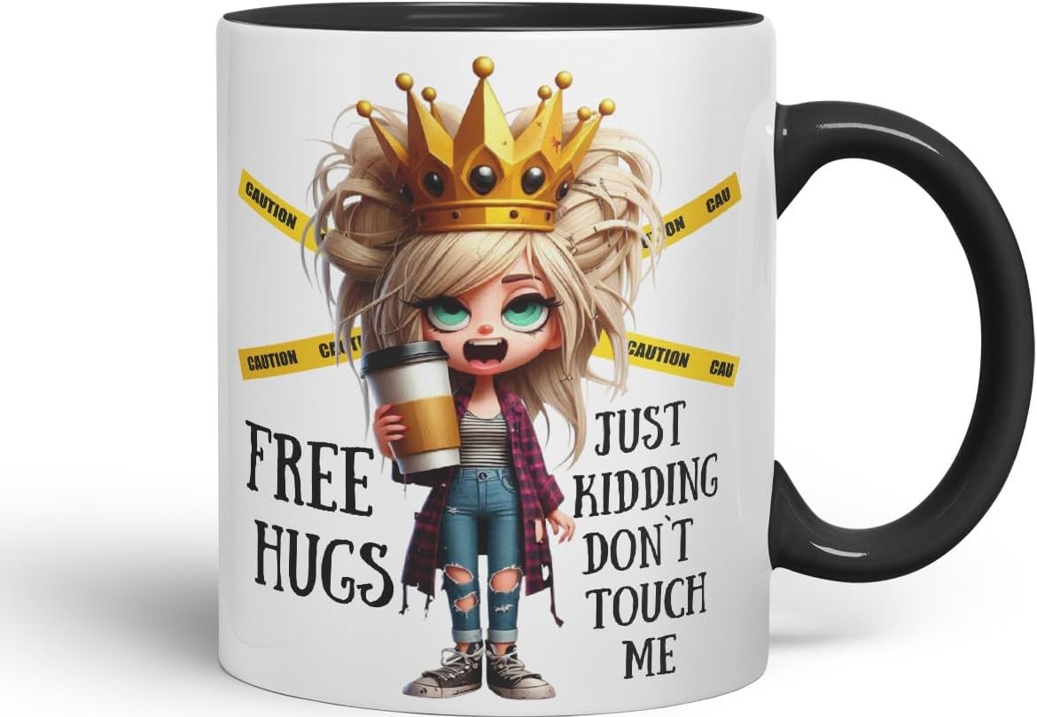 Vixar Free Hugs, Just Kidding Don’t Touch Me Sarcastic Queen Coloured Ceramic Mug Cup Gift 11oz (Black)