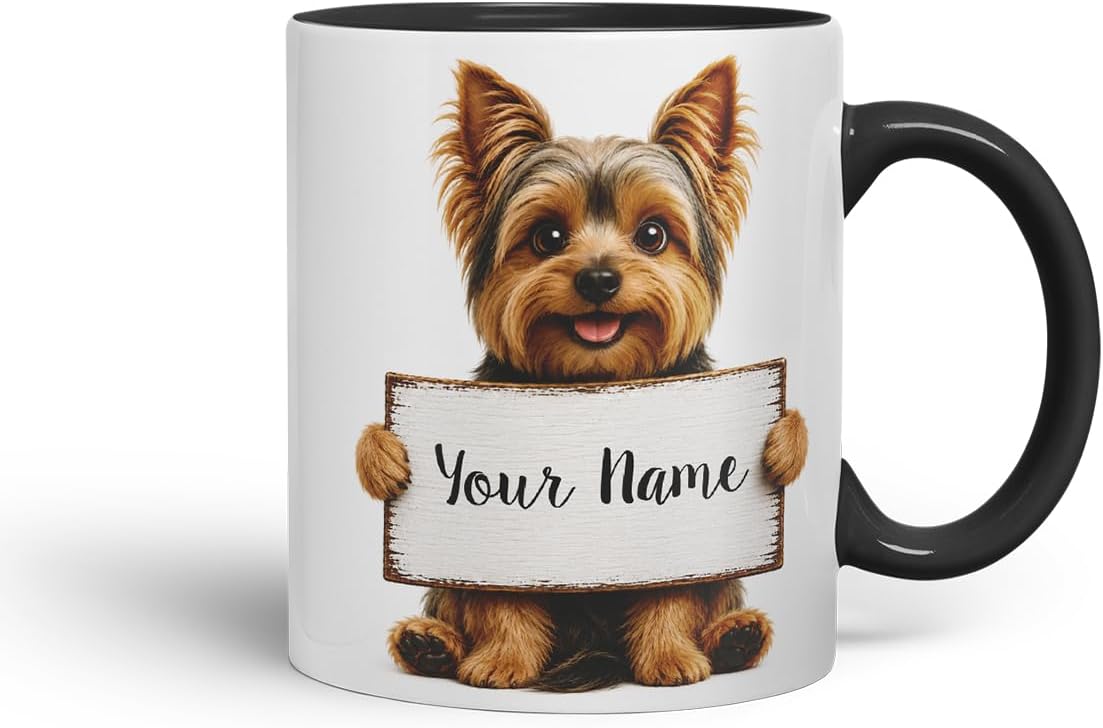 Vixar Personalised Yorkshire Terrier Dog Mug with Name or Custom Message – Cute Animal Coloured Ceramic Mug Cup Gift, 11oz (Black)