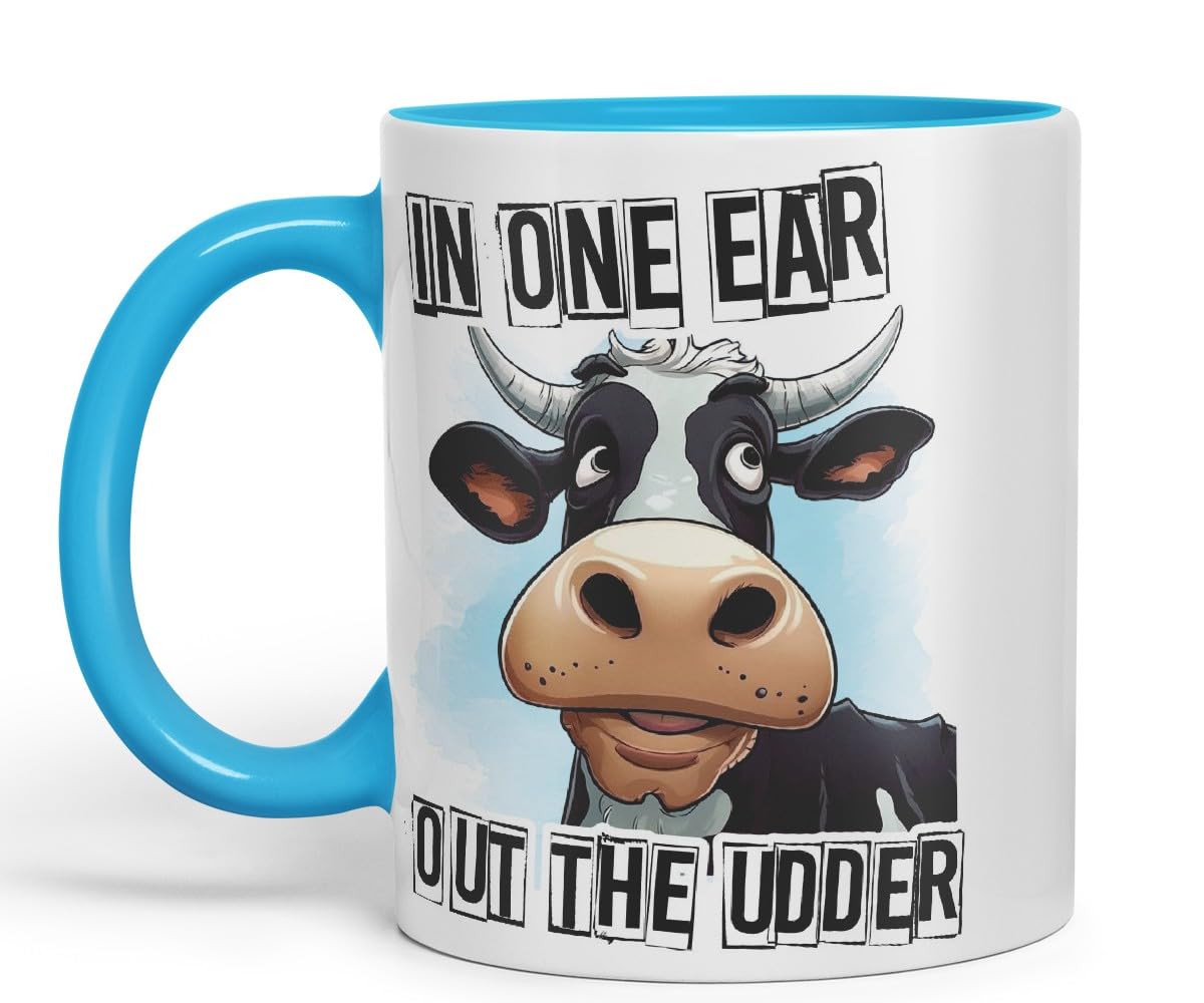Vixar in One Ear Out The Udder Cow Joke Coloured Ceramic Mug Cup Gift, 11oz (Black)