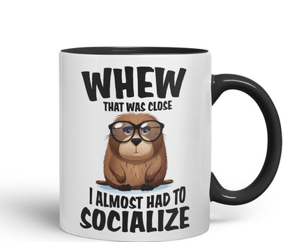Whew That was Close A Almost had to Socialize Joke sarkasm Sarcastic Ceramic Coloured Mug Cup for Tea Coffee Hot Brew 330ml 11Oz Gift