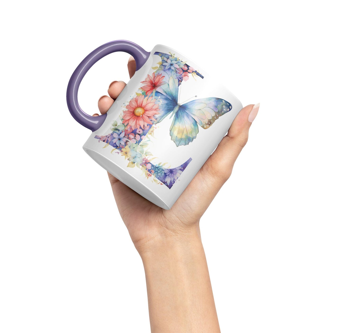 Letter L mug, Floral flowers butterfly Alphabet Letter L Monogram watercolour Ceramic Coloured Mug Cup for Tea Coffee Hot brew 330ml 11Oz Gift
