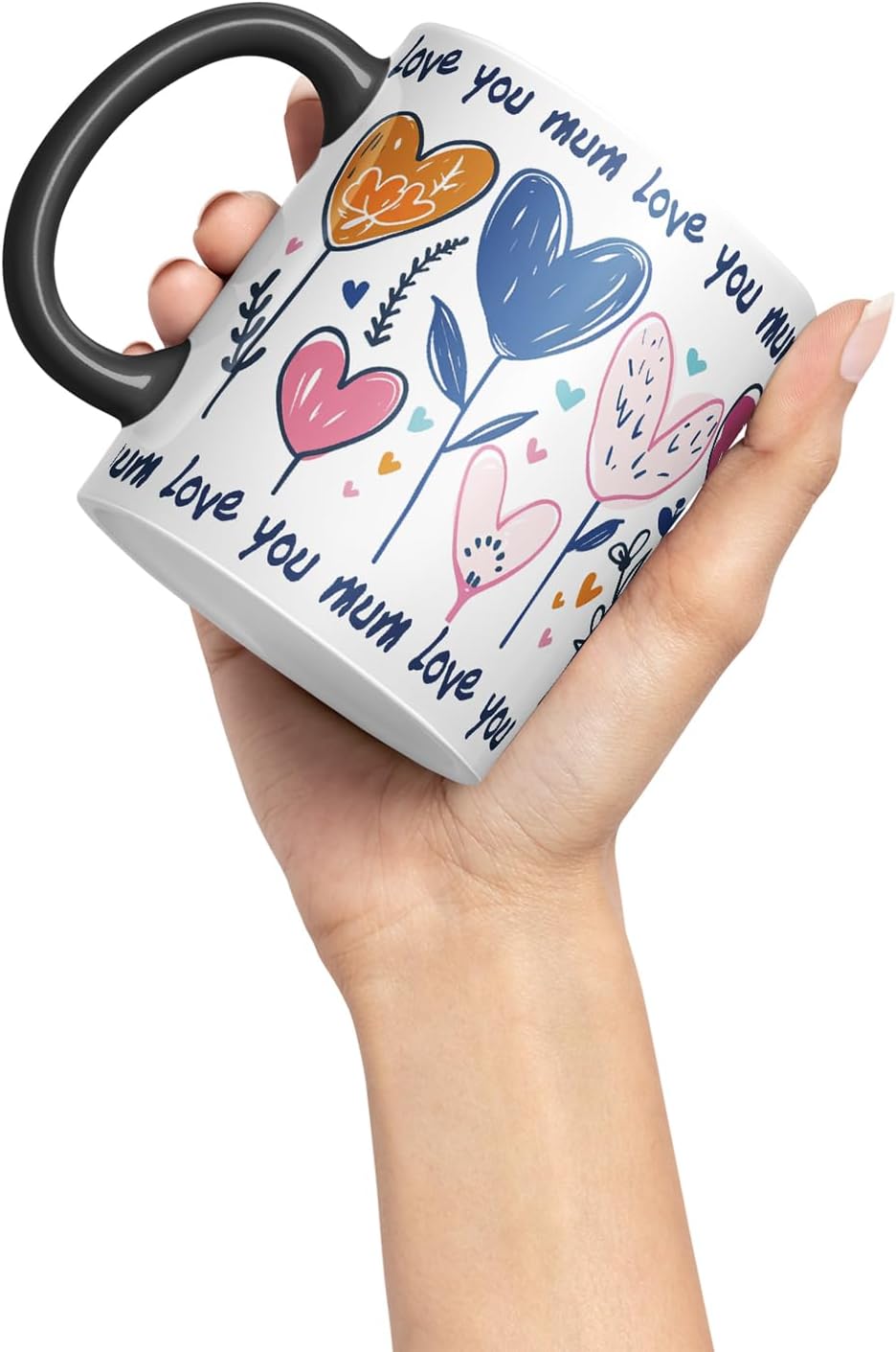 Vixar Love You Mum Floral Hearts Mug – Coloured Ceramic Mug Cup Gift, 11oz (Black)