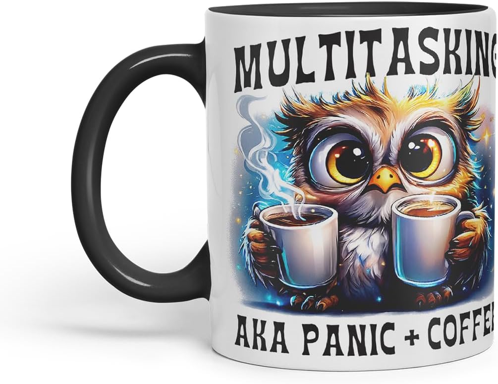 Vixar Multitasking AKA Panic Plus Coffee Funny Owl Mug – Coloured Ceramic Mug Cup Gift, 11oz (Black)