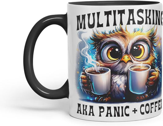 Vixar Multitasking AKA Panic Plus Coffee Funny Owl Mug – Coloured Ceramic Mug Cup Gift, 11oz (Black)