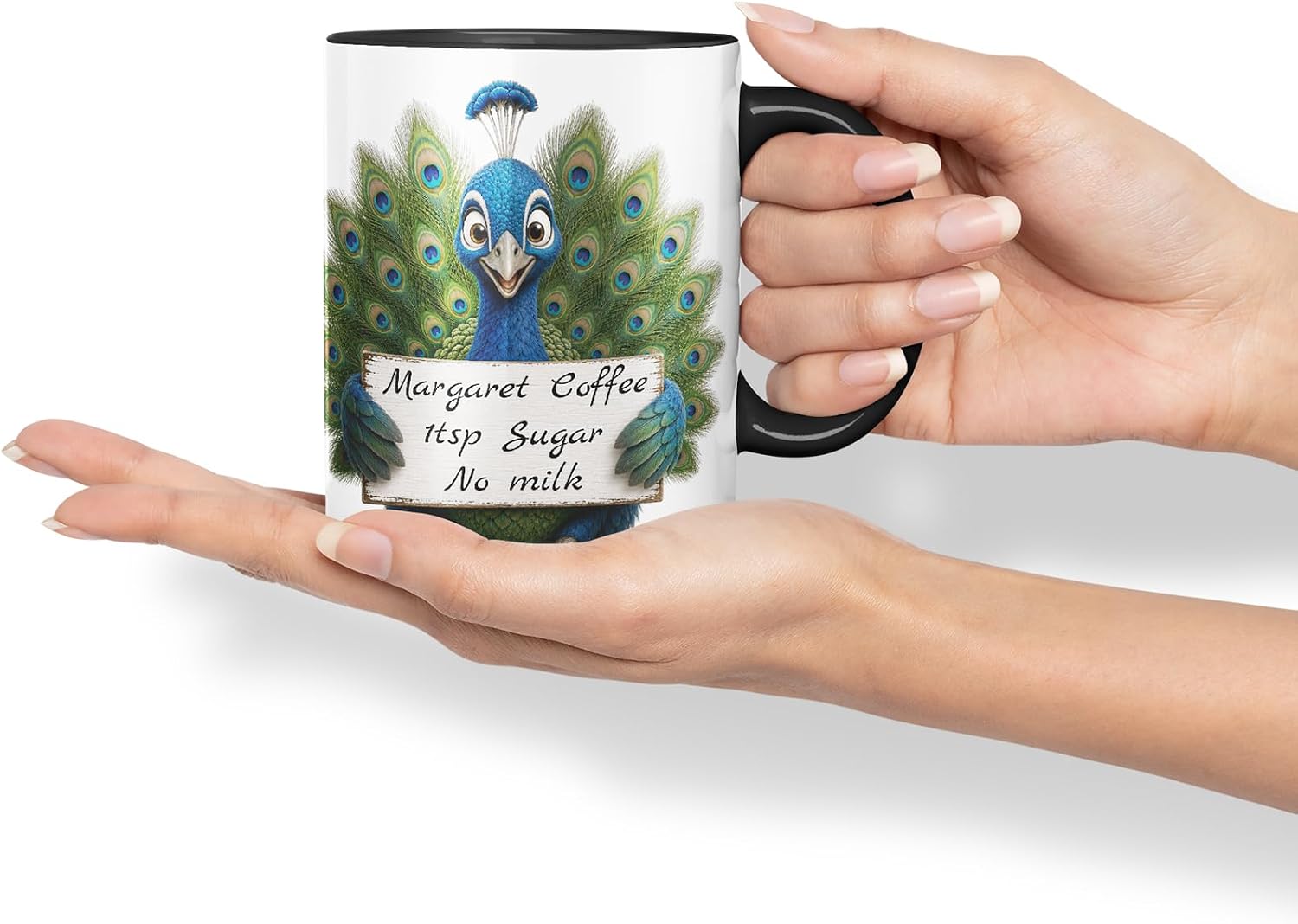 Vixar Personalised Peacock Mug with Name or Custom Message – Cute Animal Coloured Ceramic Mug Cup Gift, 11oz (Black)