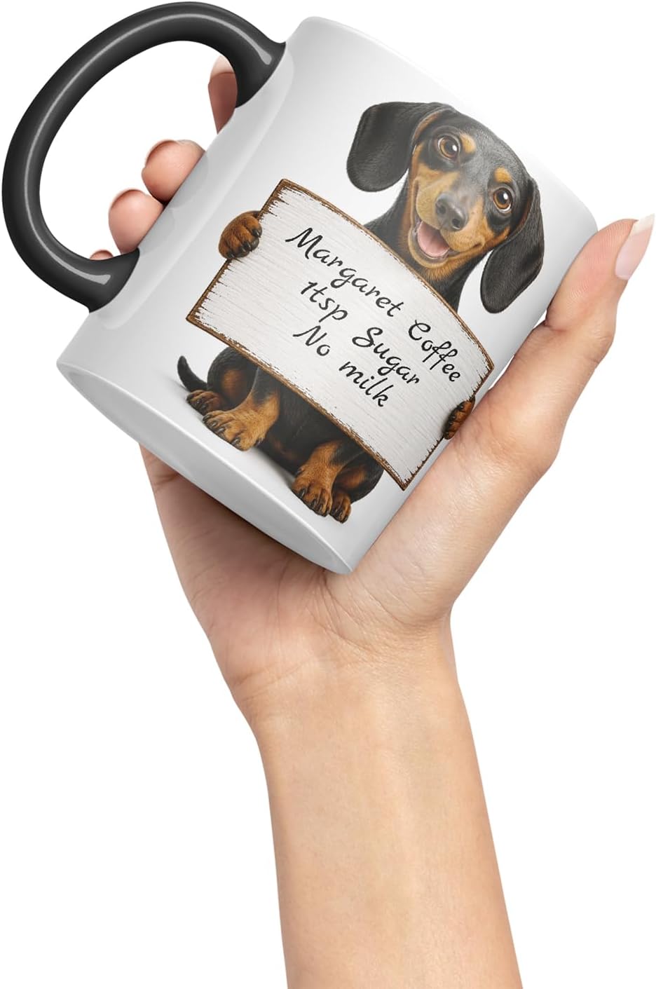 Vixar Personalised Dachshund Dog Pet Mug with Name or Custom Message – Cute Animal Coloured Ceramic Mug Cup Gift, 11oz (Black)