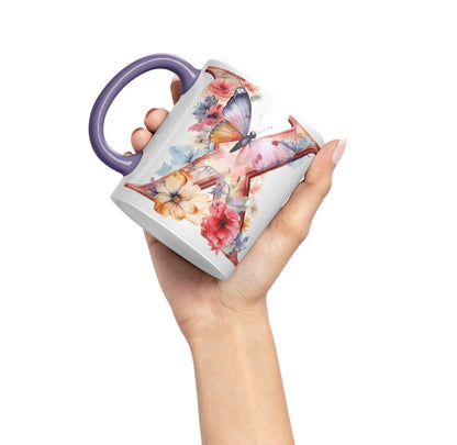 Letter X mug, Floral flowers butterfly Alphabet Letter X Monogram watercolour Ceramic Coloured Mug Cup for Tea Coffee Hot brew 330ml 11Oz Gift