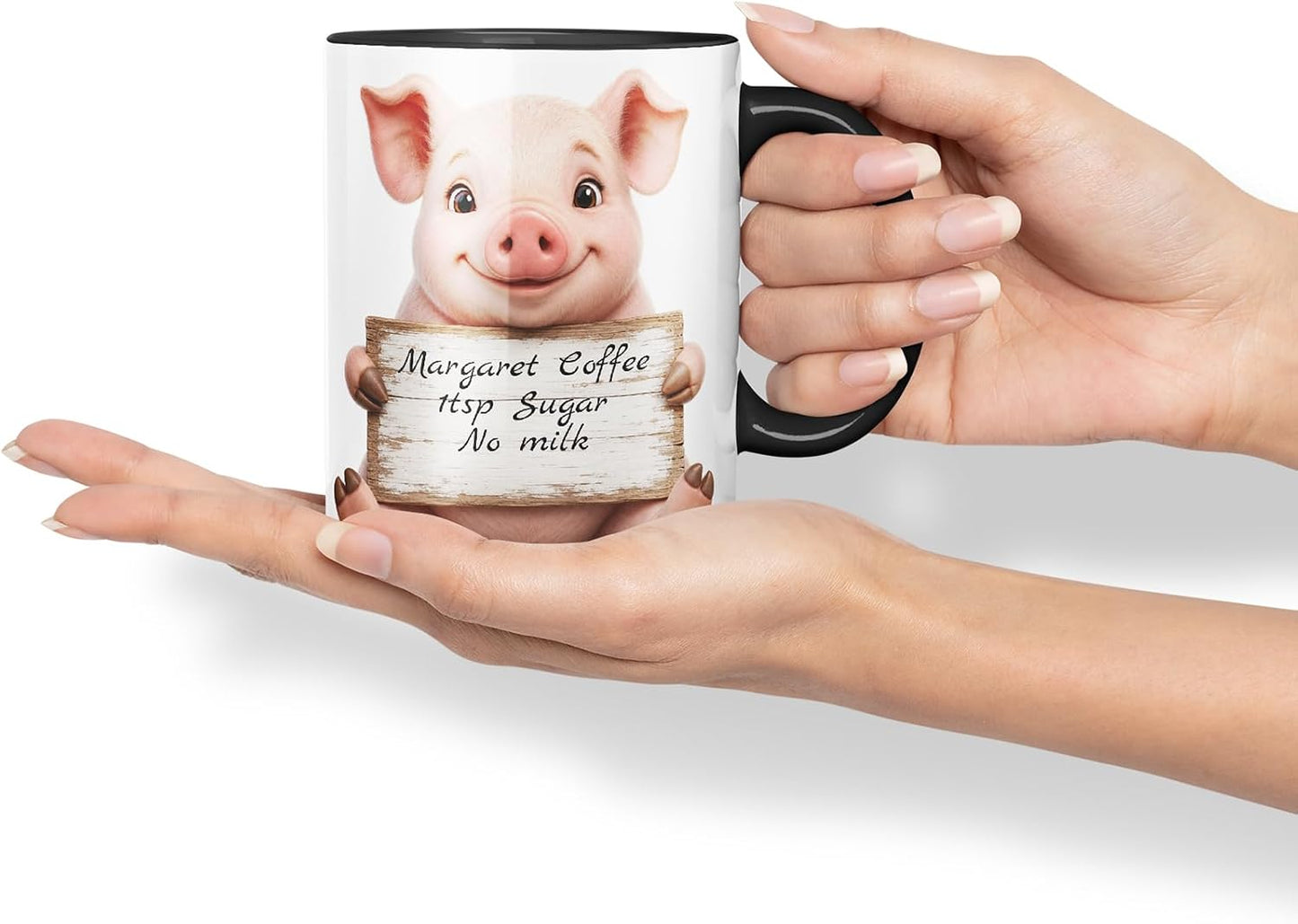 Vixar Personalised Pig Mug with Name or Custom Message – Cute Animal Coloured Ceramic Mug Cup Gift, 11oz (Black)