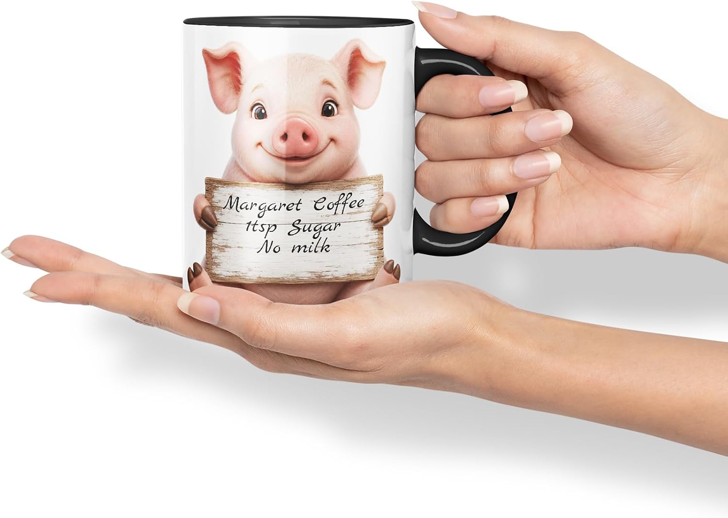 Vixar Personalised Pig Mug with Name or Custom Message – Cute Animal Coloured Ceramic Mug Cup Gift, 11oz (Black)