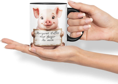 Vixar Personalised Pig Mug with Name or Custom Message – Cute Animal Coloured Ceramic Mug Cup Gift, 11oz (Black)