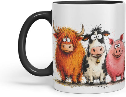 Vixar Farm Animals Mug – Cute Farm Animal Coloured Ceramic Mug Cup Gift, 11oz (Black)