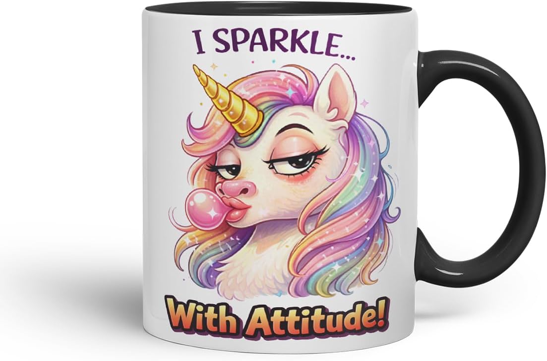 Vixar I Sparkle with Attitude Unicorn Coloured Ceramic Mug Cup Gift, 11oz (Black)
