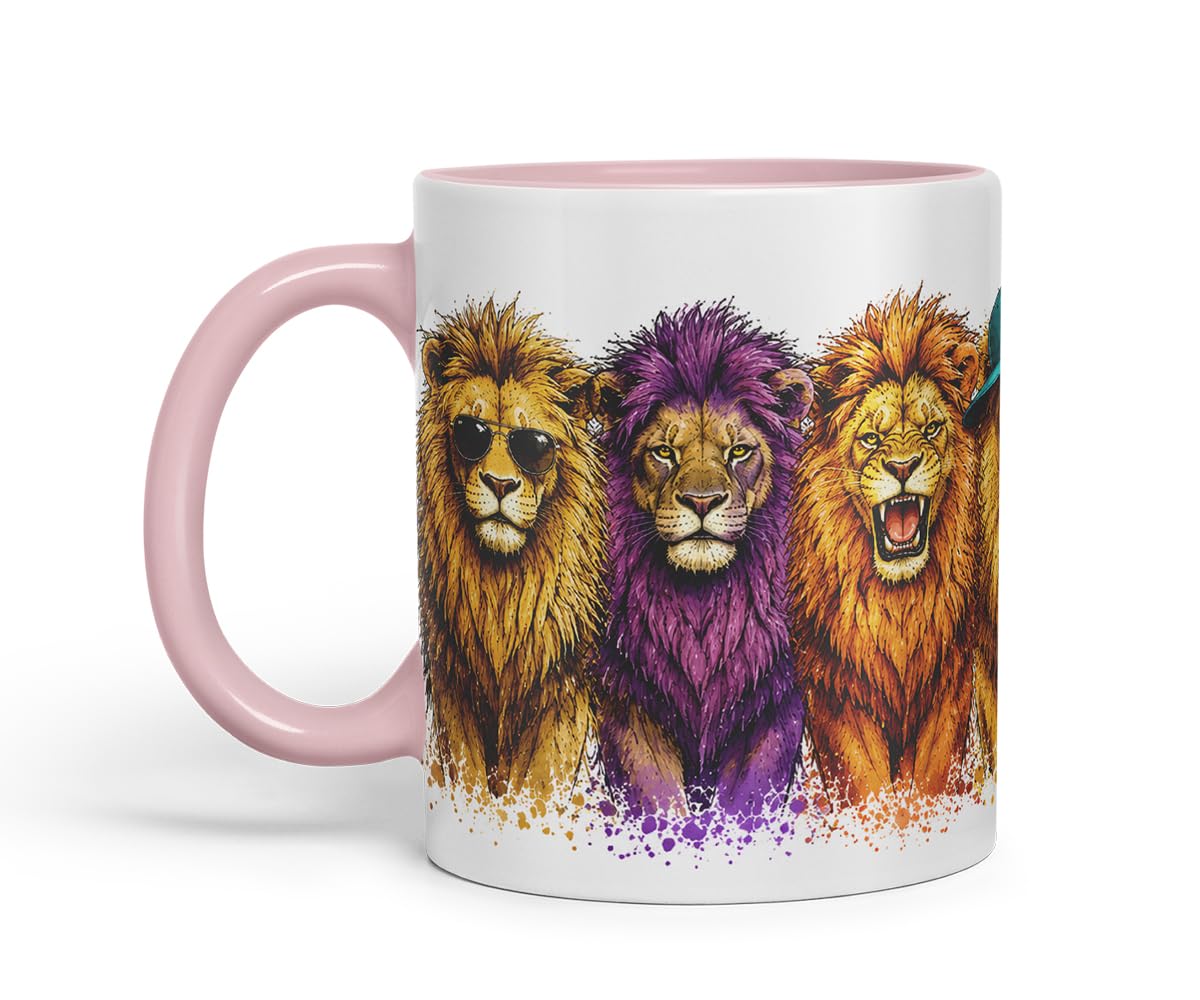 Lion Mug – Cute Lion Animal Coloured Ceramic Mug Cup Gift, 11oz (Black)