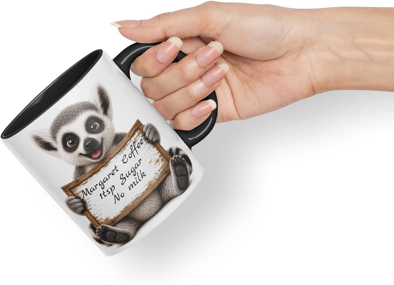 Vixar Personalised Lemur Mug with Name or Custom Message – Cute Animal Coloured Ceramic Mug Cup Gift, 11oz (Black)