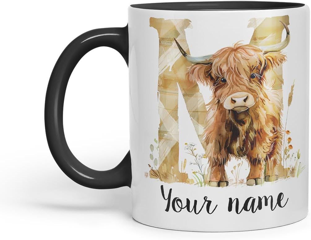 Vixar Personalised Highland Cow Initial Letter M Custom Name Mug – Coloured Ceramic Mug Cup Gift, 11oz (Black)