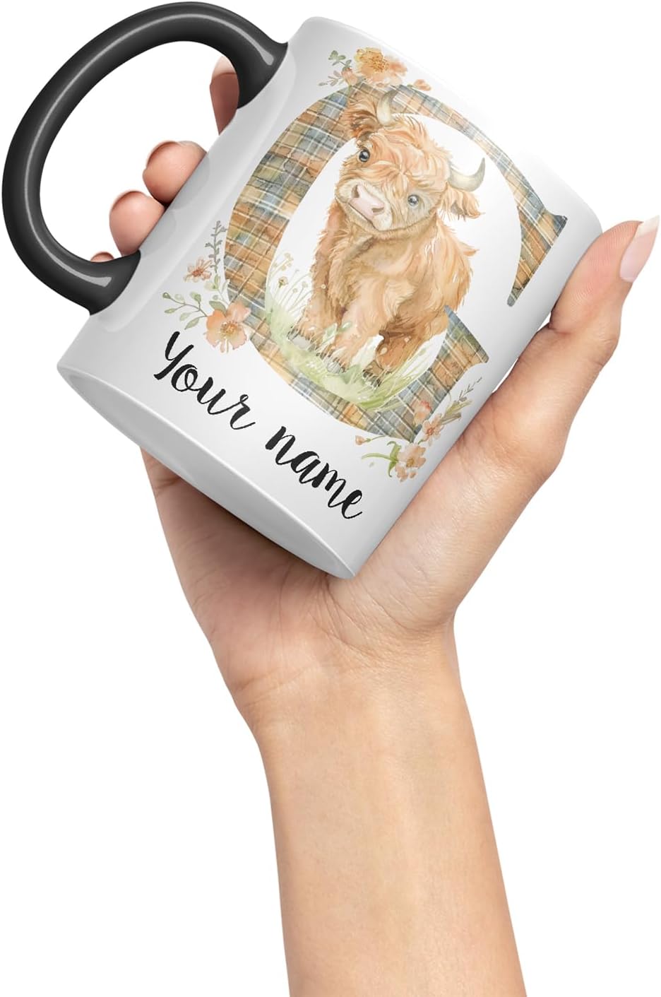 Vixar Personalised Highland Cow Initial Letter G Custom Name Mug – Coloured Ceramic Mug Cup Gift, 11oz (Black)