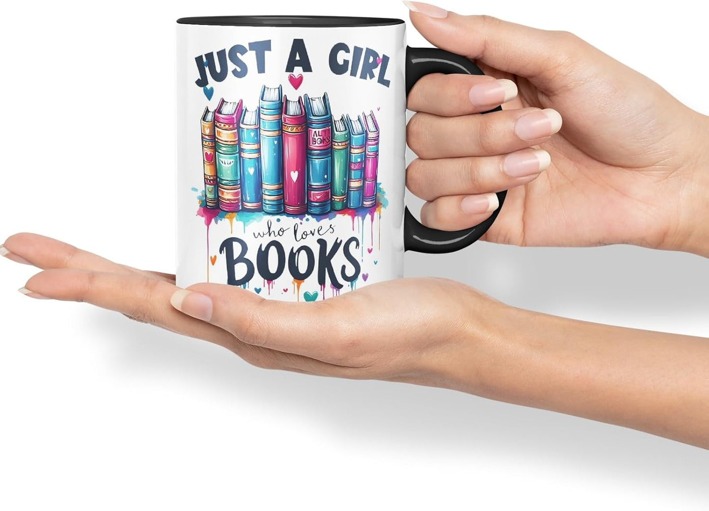 Vixar Just A Girl Who Loves Books Coloured Ceramic Mug Cup Gift, 11oz (Black)