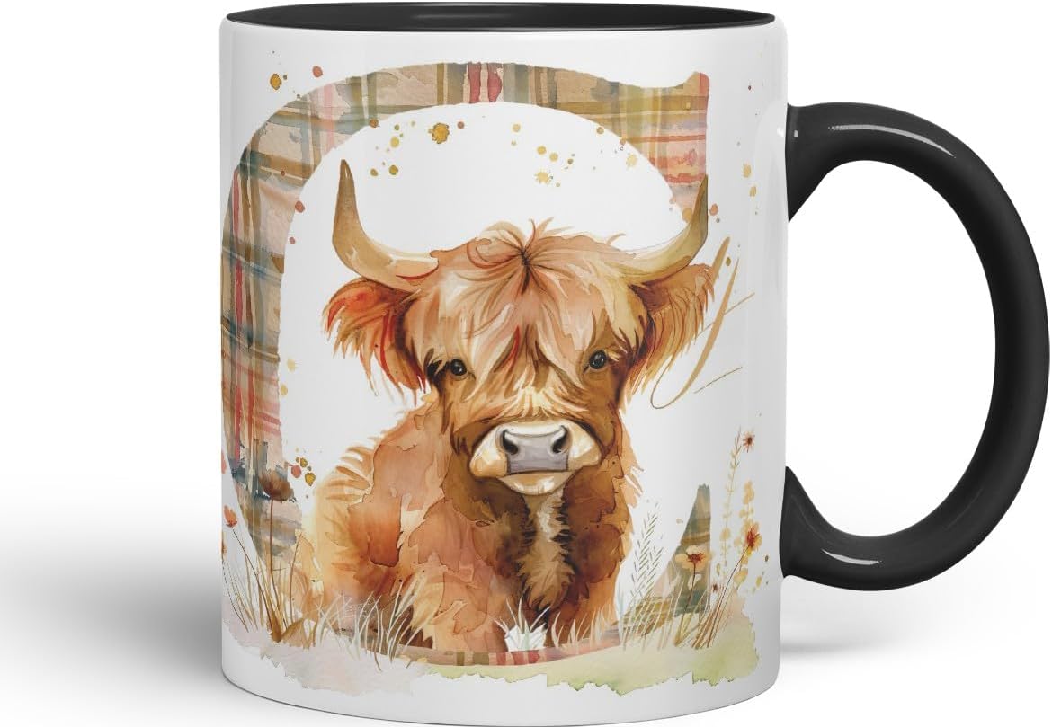 Vixar Highland Cow Alphabet Monogram Coloured Ceramic Cup Mug – Letter C – Rustic Farmhouse Animal Letter Gift – 11oz (Black)