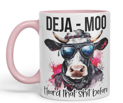 Vixar Deja Moo Heard That Sh.. Before Cow Joke Coloured Ceramic Mug Cup Gift, 11oz (Black)