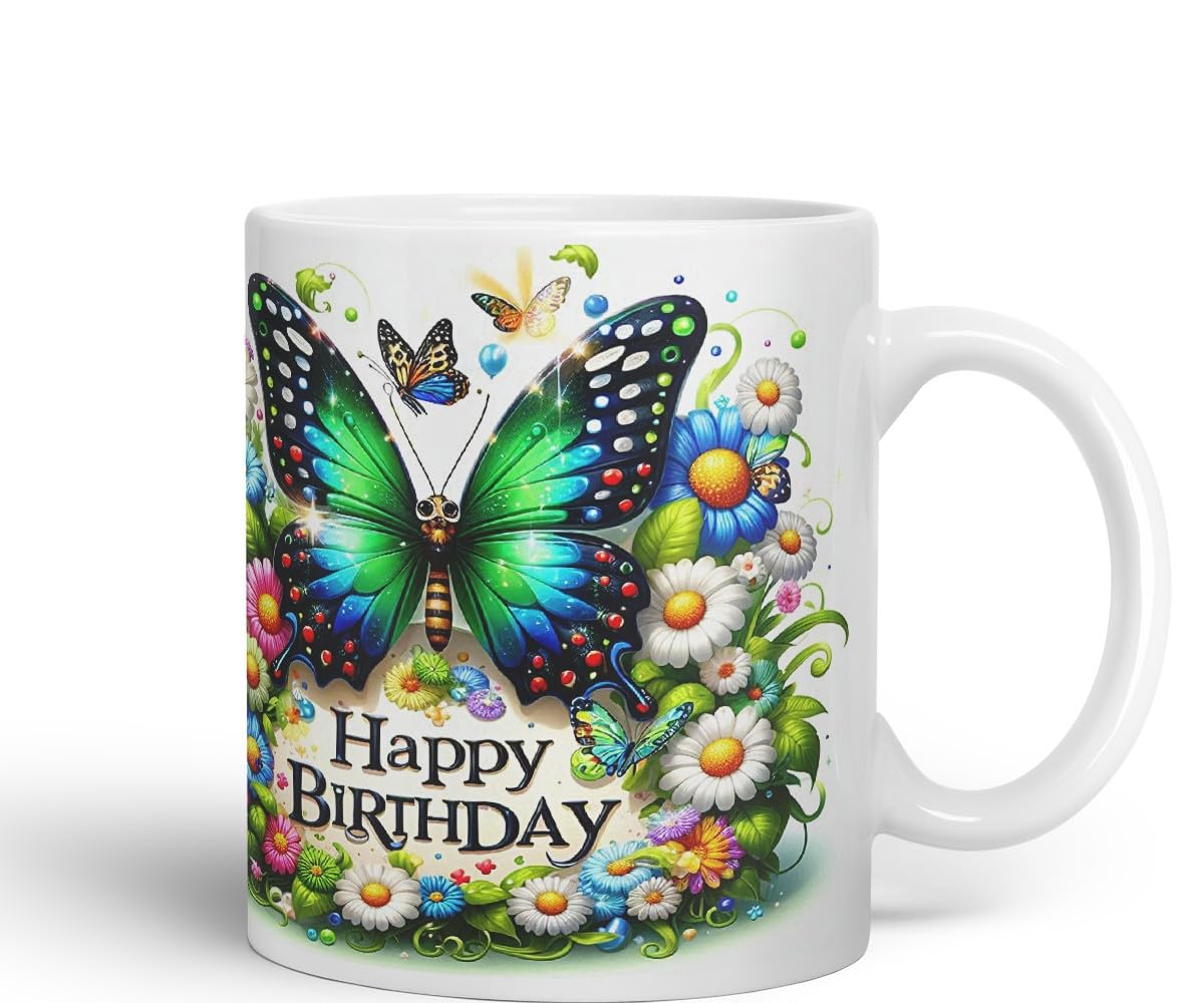 Vixar Happy Birthday Green Butterfly Daisies Coloured Ceramic Mug Cup Gift 11oz V8 (Black)