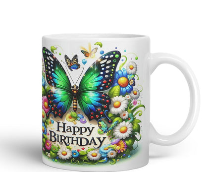 Vixar Happy Birthday Green Butterfly Daisies Coloured Ceramic Mug Cup Gift 11oz V8 (Black)