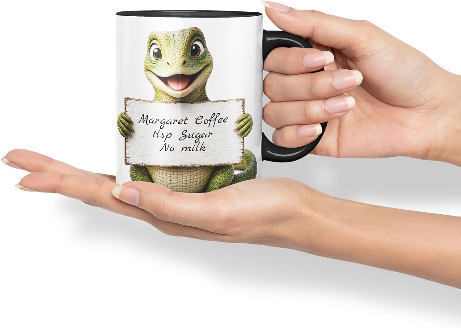 Vixar Personalised Lizard Mug with Name or Custom Message – Cute Animal Coloured Ceramic Mug Cup Gift, 11oz (Black)