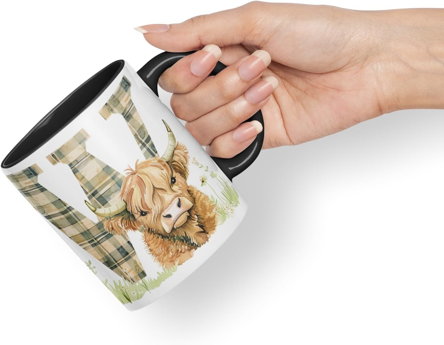 Vixar Highland Cow Alphabet Monogram Coloured Ceramic Cup Mug – Letter W – Rustic Farmhouse Animal Letter Gift – 11oz (Black)