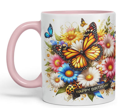 Vixar Happy Birthday Golden Butterfly Daisies Coloured Ceramic Mug Cup Gift 11oz V11 (Black)