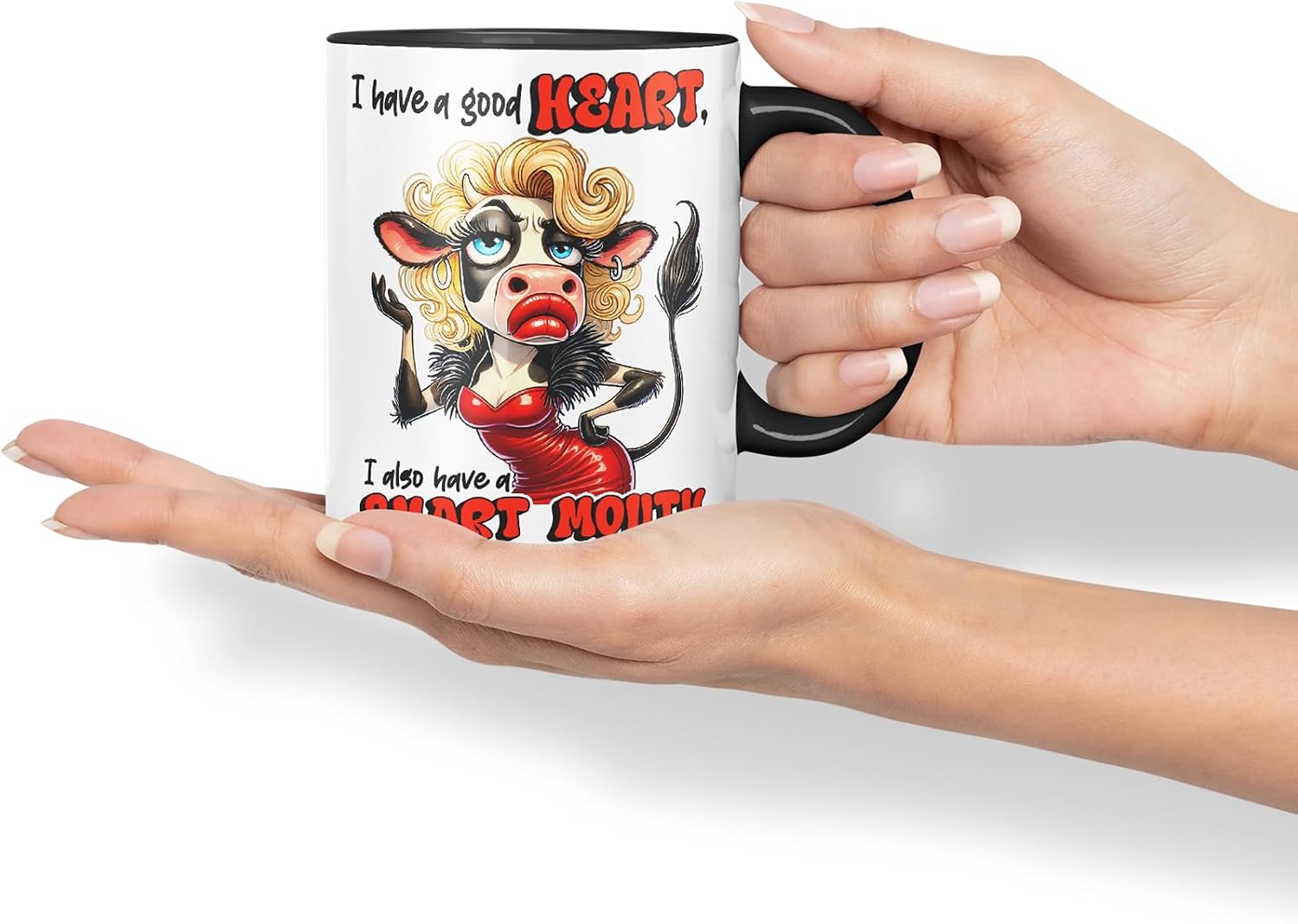 Vixar I Have a Good Heart But This Mouth Funny Cow – Coloured Ceramic Mug Cup Gift, 11oz (Black)