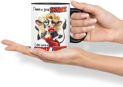 Vixar I Have a Good Heart But This Mouth Funny Cow – Coloured Ceramic Mug Cup Gift, 11oz (Black)