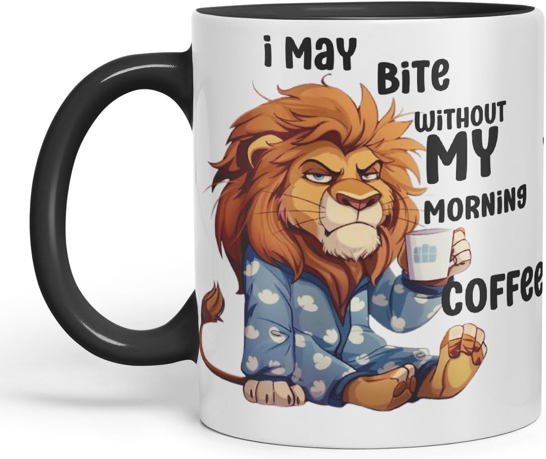 Vixar I May Bite Without My Morning Coffee Sarcastic Lion Coloured Ceramic Mug Cup Gift 11oz (Black)