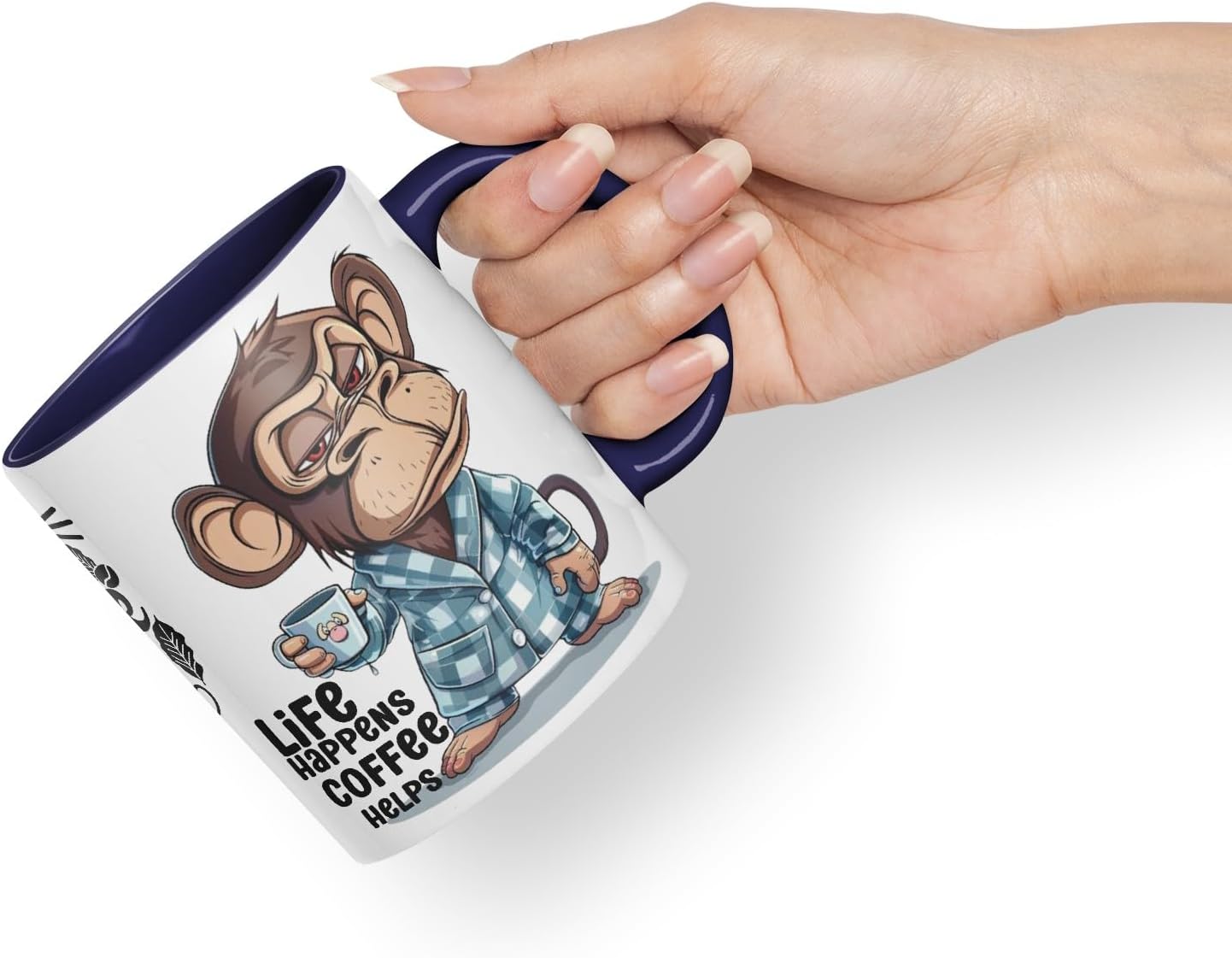 Vixar Life Happens Coffee Helps Monkey Mug – Coloured Ceramic Mug Cup Gift, 11oz (Black)