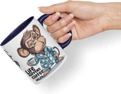 Vixar Life Happens Coffee Helps Monkey Mug – Coloured Ceramic Mug Cup Gift, 11oz (Black)