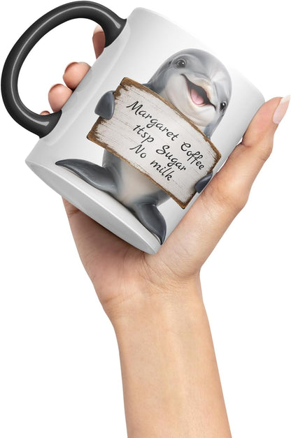 Vixar Personalised Dolphin Mug with Name or Custom Message – Cute Animal Coloured Ceramic Mug Cup Gift, 11oz (Black)