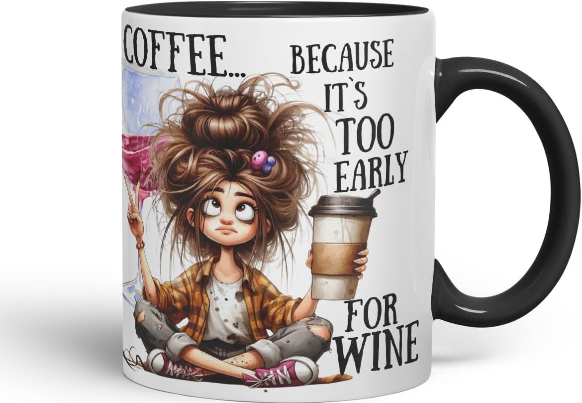 Vixar Coffee Because It’s Too Early for Wine Mug – Coloured Ceramic Mug Cup Gift, 11oz (Black)